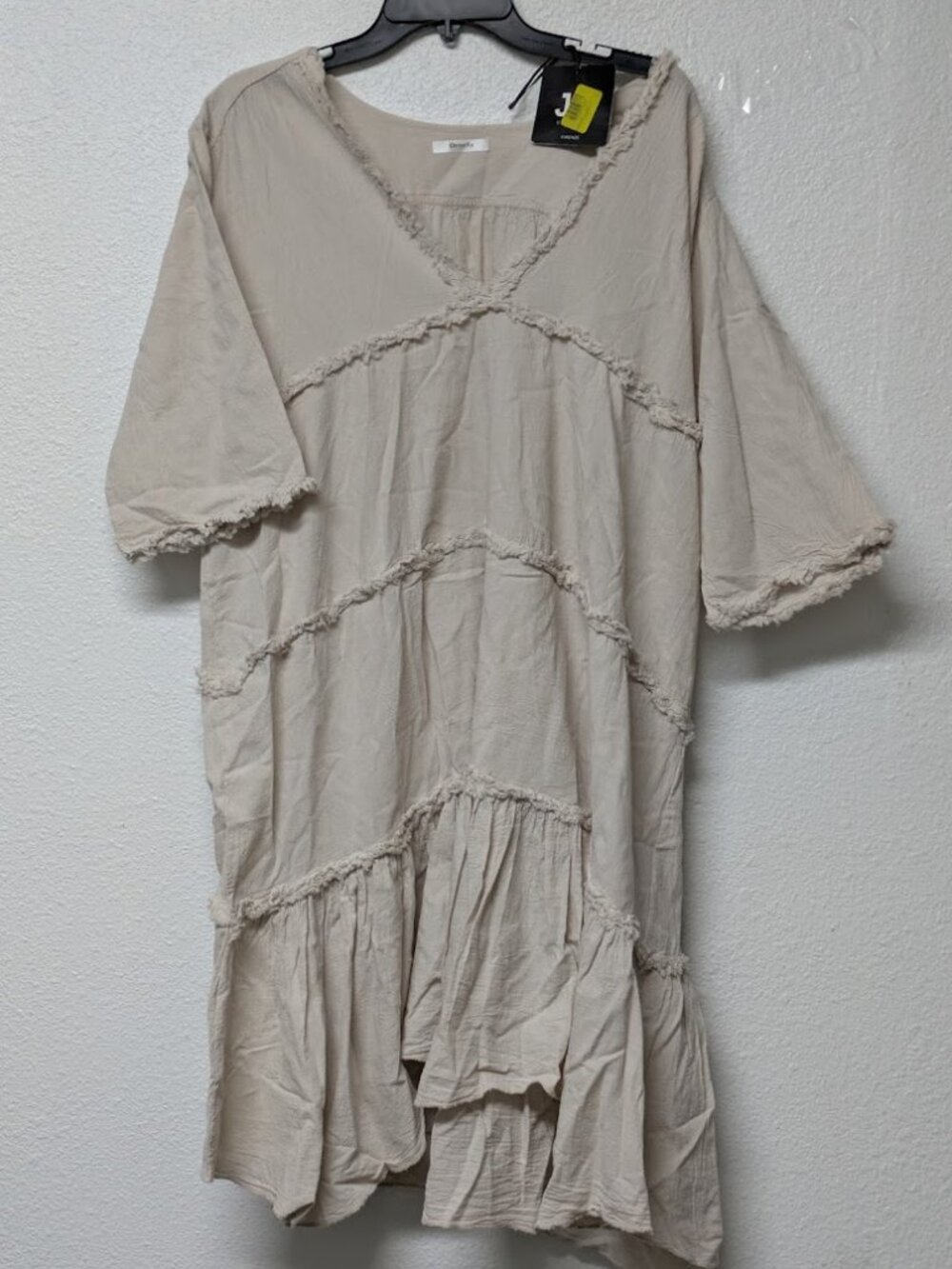 Ornella Beige V-Neck Half Sleeves Ruffle-Trim Tiered Shift Midi Dress - Medium